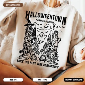 Halloweentown Manhattan PNG SVG, Funny NYC Halloween Shirt Png, Ghost Pumpkin Fall Sublimation, Retro City Design, Rent Joke Png