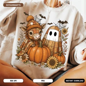 Highland Cow Ghost Halloween PNG, Cute Fall Cow Pumpkin Spice Clipart, Spooky Season Autumn Cow Sublimation Design, Boo Ghost Fall Shirt PNG