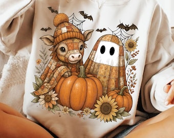 Vaca de las Tierras Altas Fantasma de Halloween PNG, Linda Vaca de Otoño con Especias de Calabaza Clipart, Diseño de Sublimación de Vaca de Otoño Espeluznante, Camiseta de Otoño con Fantasma Boo PNG