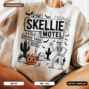 Skellie Motel PNG SVG, Funny Skeleton Halloween Design, Retro Spooky Sublimation Clipart, Vintage Halloween Humor PNG, Trendy Fall Shirt Png