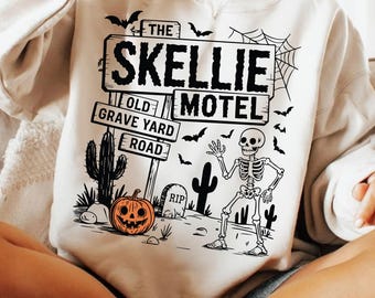 Skellie Motel PNG SVG, Funny Skeleton Halloween Design, Retro Spooky Sublimation Clipart, Vintage Halloween Humor PNG, Trendy Fall Shirt Png