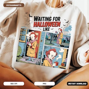 Waiting for Halloween PNG, Funny Horror Character Daily Life PNG, Spooky Season Shirt PNG, Halloween Sublimation Design, Creepy Cute Png