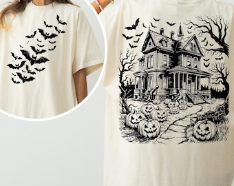 Vintage Halloween PNG SVG, Spooky Scene Sublimation Design, Retro Pumpkin and Bats Clipart, Halloween Night Shirt PNG, Haunted Season Png