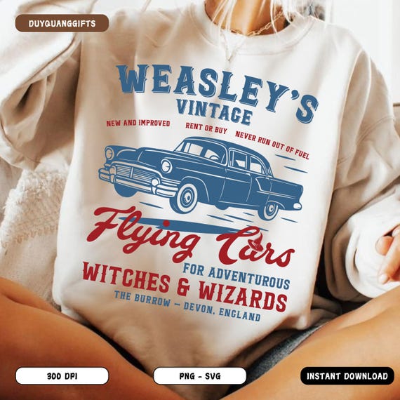 Weasley's Flying Car PNG SVG, Vintage Bookish Shirt PNG, Magical World Sublimation Design, Retro Book Lover Clipart, Fantasy Fan Merch Png