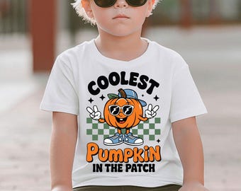 Coolest Pumpkin in the Patch PNG SVG, Retro Fall Pumpkin Boy Shirt PNG, Distressed Halloween Sublimation Design, Cute Autumn Toddler Png