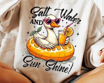 Eau salée et soleil canard PNG, canard de plage drôle PNG, conception rétro Summer Vibes, côtier Meme esthétique PNG, vacances vintage Png