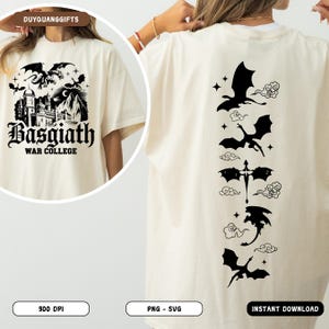 May include: Off-white t-shirt with a black graphic of dragons, a castle, and the text "Basgiath War College" on the front. The back features a vertical design of dragon silhouettes, clouds, and stars.