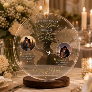 Ornamento personalizzato per l'amore a distanza, mappa ricordo personalizzata con foto di coppia, regalo per il primo incontro e il ricongiungimento, ornamento per l'anniversario