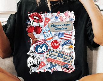 Western Collage 4th of July PNG, Patriotic Cowgirl Retro PNG, Independence Day Aesthetic Design PNG, Red White Blue Sublimation Png