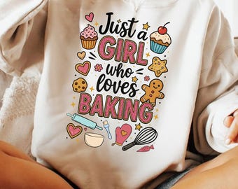 Bara en tjej som älskar att baka sublimeringsdesign, söt cupcake-tröja PNG, rolig bagarskjorta Clipart PNG, sött kök PNG, rosa bagare PNG