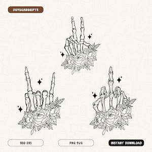 Rock Skeleton Hands PNG SVG Bundle, Retro Flowers Skeleton Hand Rock n Roll Svg, Trendy Skeleton Peace Svg, middle finger skeleton hand Svg