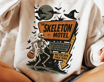 Motel Esqueleto PNG, Diseño de camiseta retro divertida de Halloween, Motel Embrujado PNG estético, Ghostcore espeluznante PNG, Sublimación de Halloween de moda