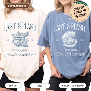 Może przedstawiać: Dwie jasnoniebieskie koszulki z nadrukiem "Last Splash" z przodu. Tekst jest w kolorze białym i otoczony grafiką przedstawiającą muszlę i kieliszek koktajlowy. Na koszulkach nadrukowano również tekst "West Palm, Florida" i "Jessie's Bachelorette".