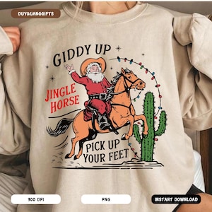 Retro Cowboy Christmas PNG, Western Christmas Santa Png Sublimation, Giddy Up Jingle Horse Pick Up Your Feet Png, Trendy Western Designs Png