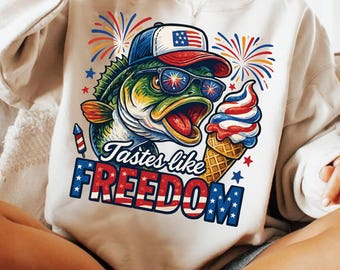 Tastes Like Freedom PNG, Bass Fishing 4th of July Design, Patriotic Summer Sublimation PNG, Funny Fishing USA Png, Independence Day Png