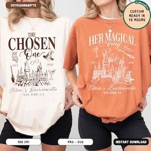 May include: Two t-shirts, one cream and one orange, featuring graphic prints of a castle, an owl, a witch hat, a broomstick, and glasses. The cream shirt reads THE CHOSEN One, Chloe's Bachelorette, SAN JOSE, CA. The orange shirt reads HER MAGICAL Army, Olivia's Bachelorette, SAN JOSE, CA.