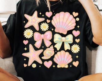 Floral Coquette Seashell PNG, Preppy Coastal Beach PNG, Boho Summer Starfish Design, Summer Clam PNG, Soft Girl Summer Vibes Png