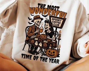 Club de café espeluznante PNG, diseño de sublimación de esqueleto retro de Halloween, clipart de calabaza de otoño divertida PNG, esqueleto amante del café PNG