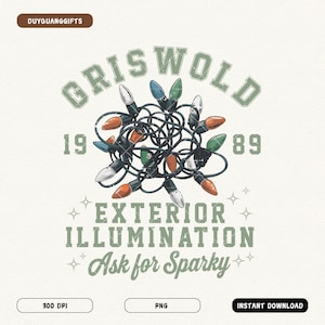 May include: A vintage-style graphic featuring a tangled string of Christmas lights in various colors. The text reads "GRISWOLD 1989 EXTERIOR ILLUMINATION Ask for Sparky". The design has a retro aesthetic.