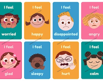 May include: Eight colorful cards with cartoon faces expressing different emotions. Each card has the text "I feel" and the name of the emotion: worried, happy, disappointed, angry, glad, sleepy, hurt, calm.