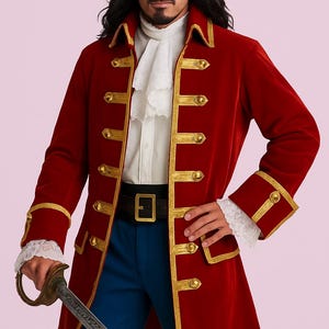 Captain Morgan Pirate Coat | Red Velvet Pirate Jacket with Gold Trim | Renaissance Cosplay Costume for Men Halloween