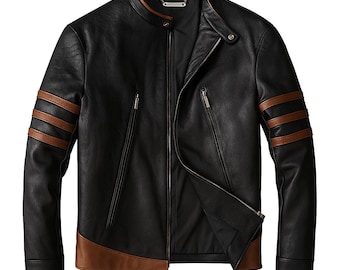 Men's Black Leather Motorcycle Jacket with Brown Stripes, Comic Style Biker Outfit