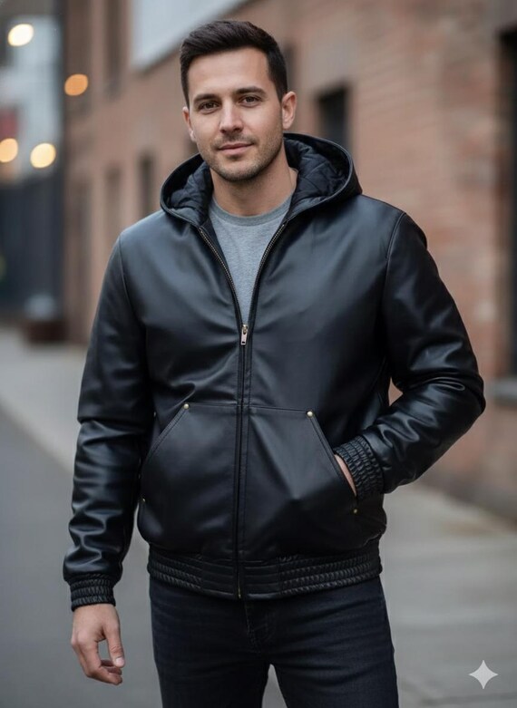 Men's Genuine Leather Hooded Jacket, Black Zip up Bomber - Etsy