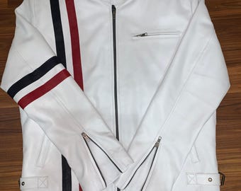 Herren weiße Leder Racer Jacke im Retro Motorrad Biker Style