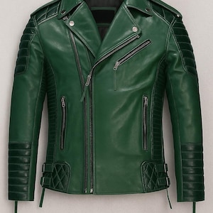 Men’s Green Quilted Leather Biker Jacket | Slim Fit Moto Style with Ribbed Panels & Asymmetrical Zipper