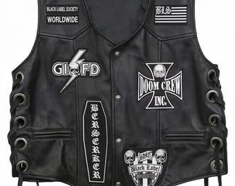 Black Label Society Leather Biker Vest With Skull Logo Patches – Metal Rock Band Apparel