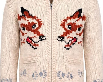 Men’s Fox Knit Cardigan – Handmade Wool Sweater, Chunky Zip Up Jacket, Cozy Winter Knit, Animal Pattern Cardigan, Gift for Him Replica