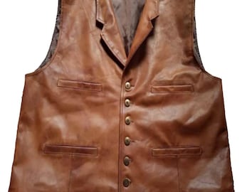 Vintage Brown Leather Western Vest - Cowboy Style Waistcoat