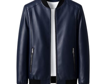 May include: A navy blue leather bomber jacket with a black collar, cuffs, and hem. The jacket has a zipper closure and two side pockets with zippers. The jacket is hanging on a wooden hanger.