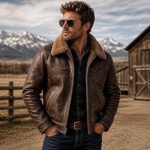 Könnte beinhalten: Eine braune Jacke aus Distressed-Leder mit beigem Lammfellkragen, Frontreißverschluss und zwei Seitentaschen. Die Jacke wird über einem dunklen Hemd mit Knopfleiste und einer blauen Jeans getragen, wobei ein brauner Ledergürtel an der Taille sichtbar ist.
