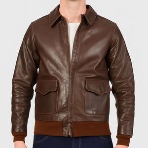 Men’s Brown Leather Bomber Jacket – Classic Vintage Flight Style with Ribbed Waist & Cuffs Genuine Leather