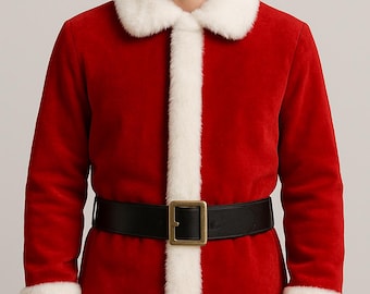 May include: A red jacket with long sleeves, a white faux fur collar, white faux fur trim along the front opening and hem, and a wide black belt featuring a rectangular brass-toned buckle worn around the waist over the red jacket.