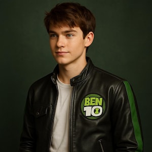 B 10 Leather Jacket – Black Bomber Style with Green Stripes | Superhero Cosplay Outfit for Men Genuine Leather