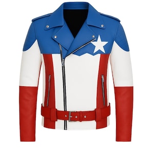 Captain America Leather Jacket - Superhero Cosplay Biker Jacket - Blue White Costume - Motorcycle Jacket - Avenger Fan Gift Genuine Leather