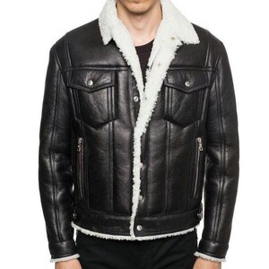Mens Black Luxurious Designer Leather Jacket Shearling Collar | Pure SheepSkin Leather Jacket For Special Look