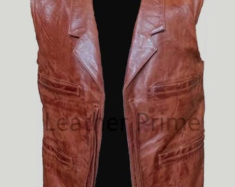 Klassiek western-cowboyvest van bruin schapenleer - vintage ranchstijl gilet, retro outlaw-cosplay halloweenkostuum Eastwood-vest