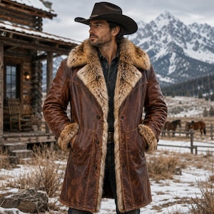 May include: A long brown leather coat featuring a thick, textured faux fur collar and matching fur cuffs. The coat has a button-front closure and a weathered finish. It is worn over a dark shirt, paired with a dark brown cowboy hat.