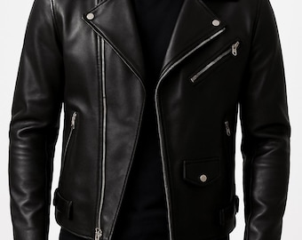 Chaqueta de motociclista/chaqueta de cuero genuino negro hecha a mano