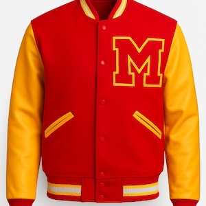 May include: A red and yellow varsity jacket with a large yellow "M" on the chest. The jacket features yellow sleeves, a red body, and striped detailing on the cuffs, collar, and waist. The jacket has a button-up front.