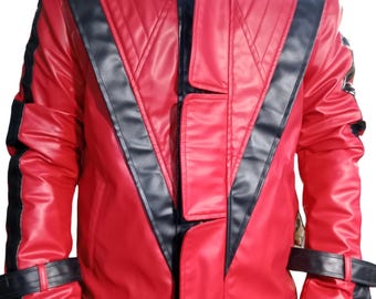 Retro 80er Jahre Pop Star Pop King Rote Jacke - Kultiges Musikvideo Cosplay Kostüm - Herren Premium Kunstleder Aufregendes Halloween-Outfit
