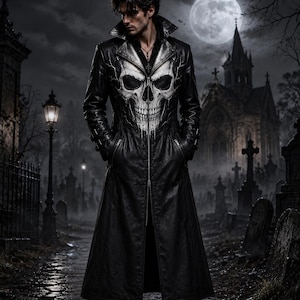 May include: A long black leather trench coat featuring a large, detailed white skull graphic printed across the chest and shoulders. The coat has a high collar, a full-length front zipper, and long sleeves with buckled straps at the wrists.