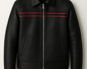 Black Leather Biker Jacket: Red Stripe Vintage Racing Style