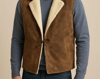 Men’s Shearling Suede Vest | Western Cowboy Faux Furr Lined Sleeveless Jacket Client Eastwood Vest Western Vest