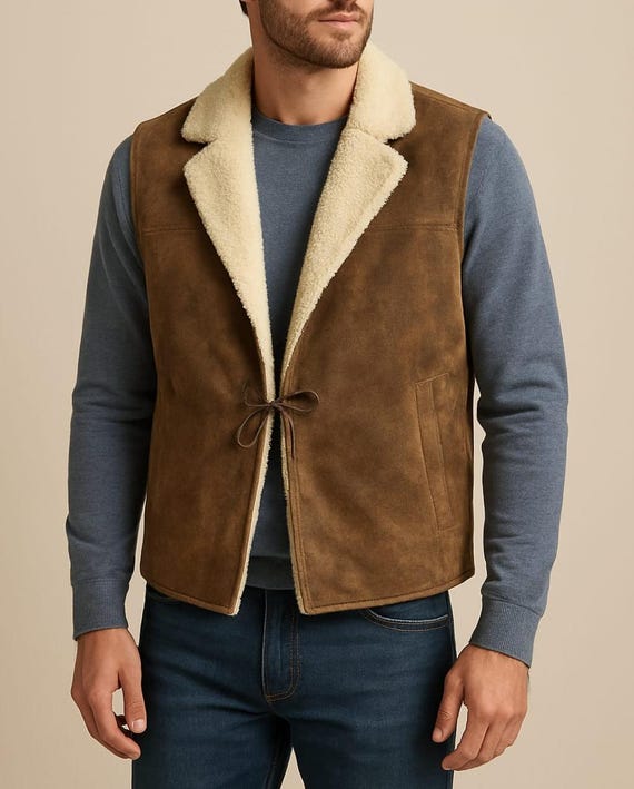 Men's Shearling Suede Vest | Western Cowboy Faux Furr Lined