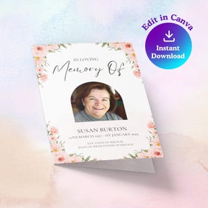 4 Page Floral Order of Service Template, Pink Funeral Memorial, Instant Download Obituary, Women&#39;s Obituary Celebration of Life
