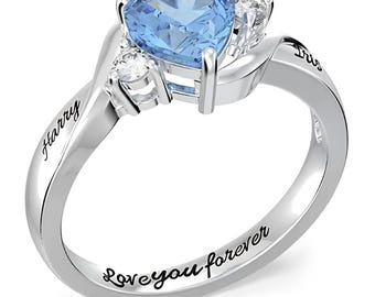 Personalized Heart Stone Promise Ring – Sterling Silver, Engraved Name
